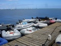 The get away vehicles, all our dinghies at the dock. A little crowded.